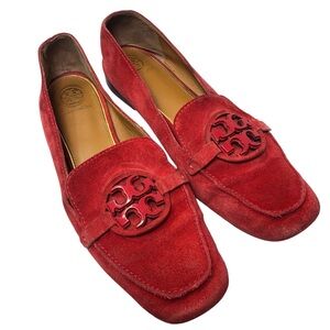 Tory Burch Red Suede metal miller Logo Loafers size 8.5